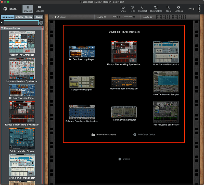 A screenshot of the Reason Rack plugin showing the default state before adding devices.