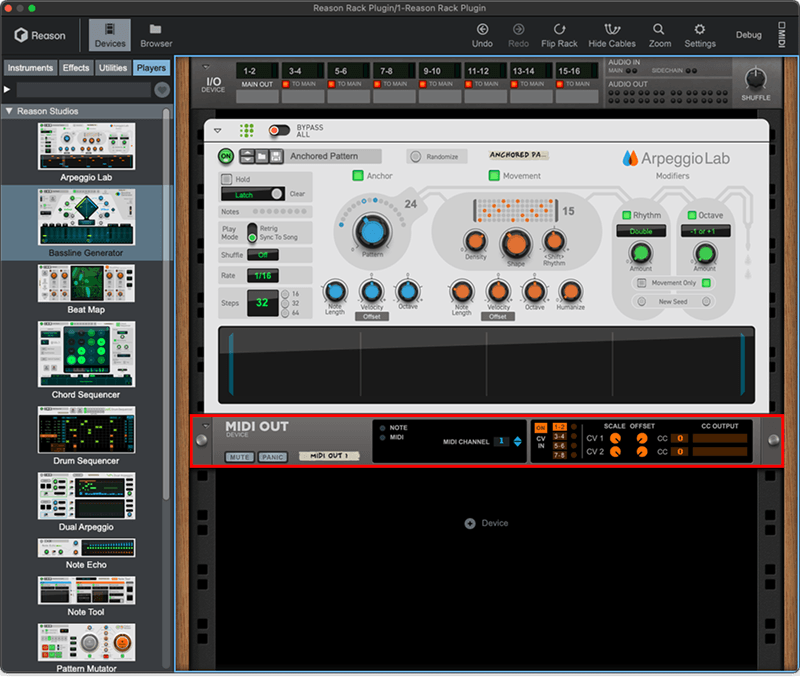 A screenshot of the Reason Rack plugin showing the MIDI Out device.