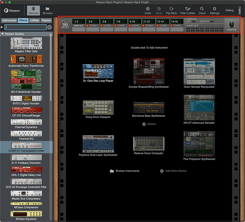 A screenshot of the Reason Rack plugin showing the IO Device.
