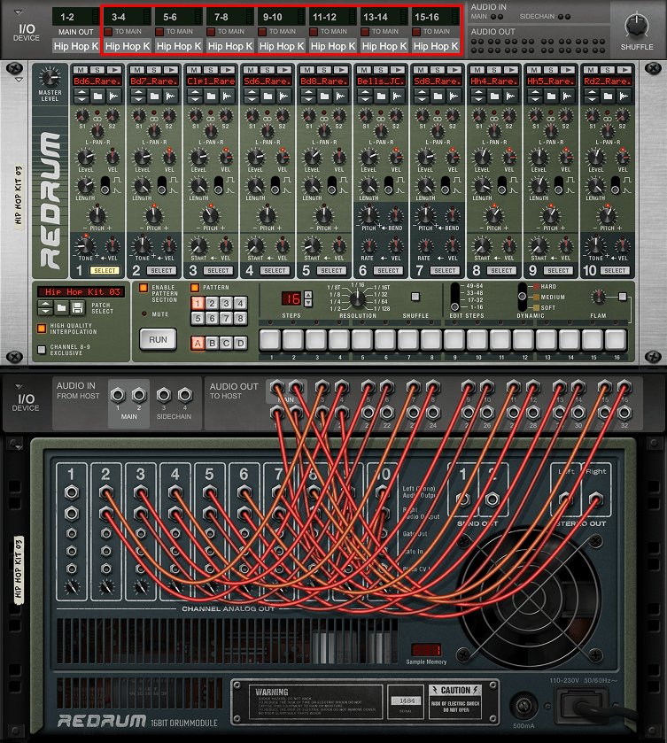 A screenshot of the Reason Rack plugin showing independent output routing from the Redrum device.