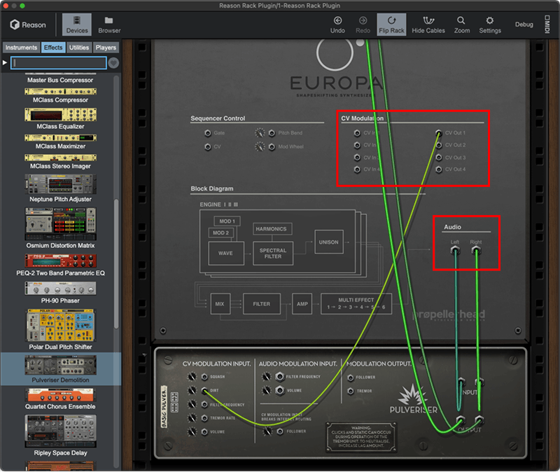 A screenshot of the Reason Rack plugin showing how CV jacks are smaller than audio jacks.