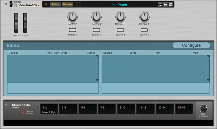 A screenshot of the Reason Rack plugin showing the Combinator device.