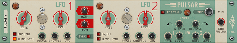 A screenshot of the Reason Rack plugin showing the Pulsar Dual LFO device.
