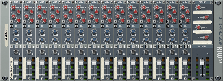 A screenshot of the Reason Rack plugin showing the Mixer 14 2 device.