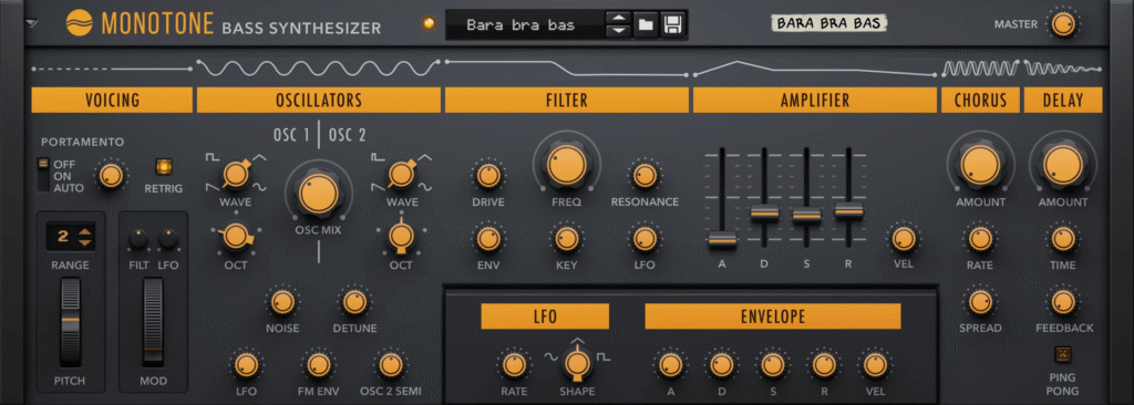 A screenshot of the Reason Rack instrument device Monotone.