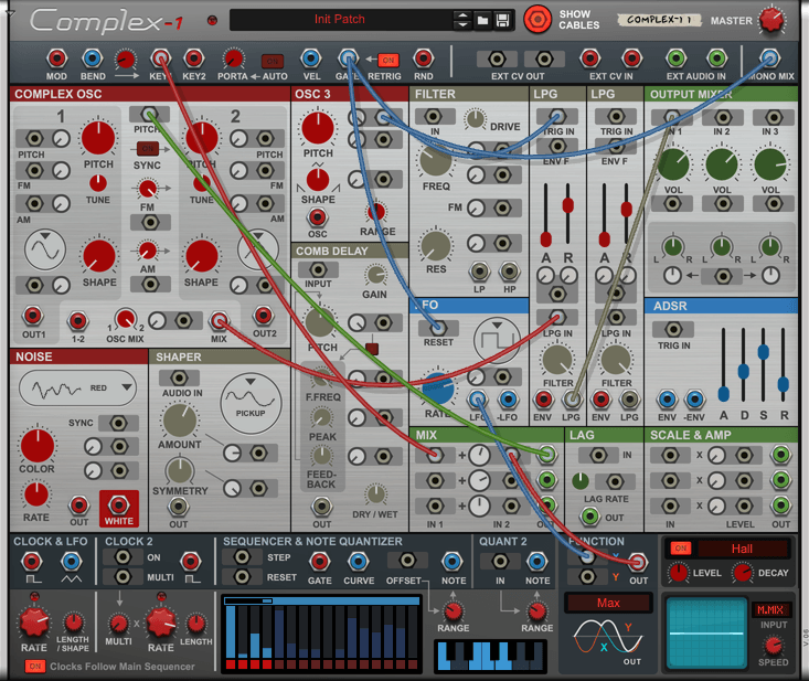 A screenshot of the Reason Rack device Complex-1 showing a patch using the Function and LFO modules.
