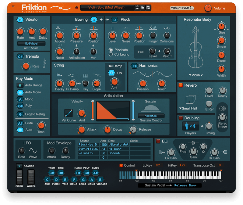 A screenshot of the Reason Rack Device Friktion Modeled Strings