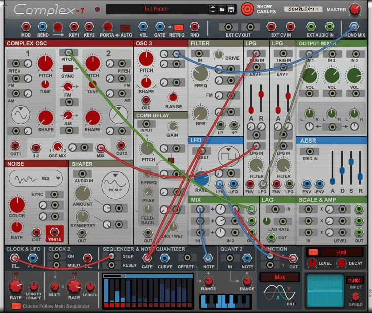 A screenshot of the Reason Rack device Complex-1 showing a patch using the sequencer module.