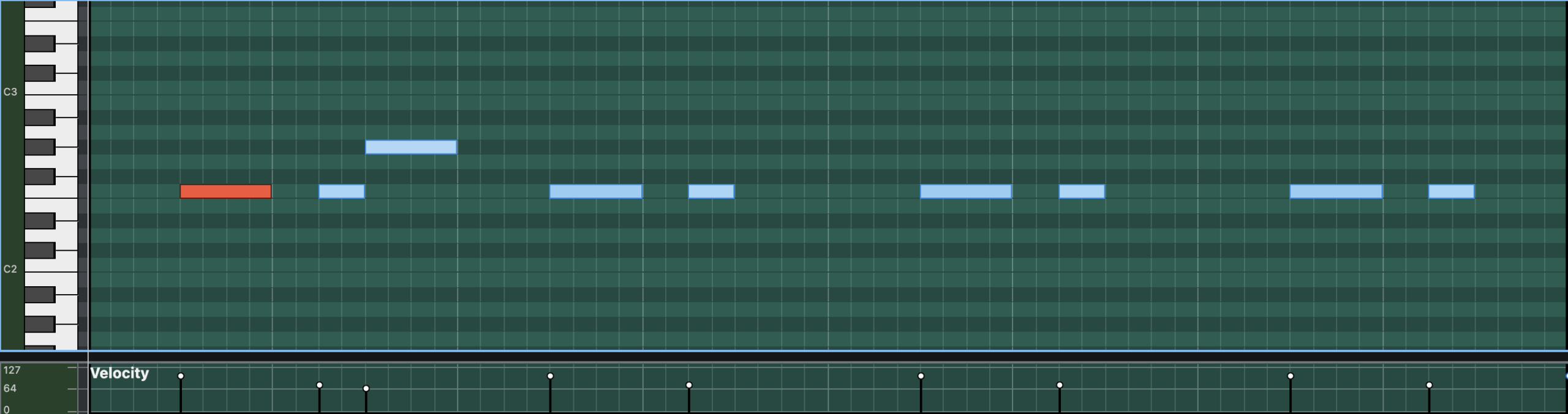 Reason DAW MIDI piano roll displaying a groove techno bass sequence with the first note highlighted red and the remaining blue notes muted.
