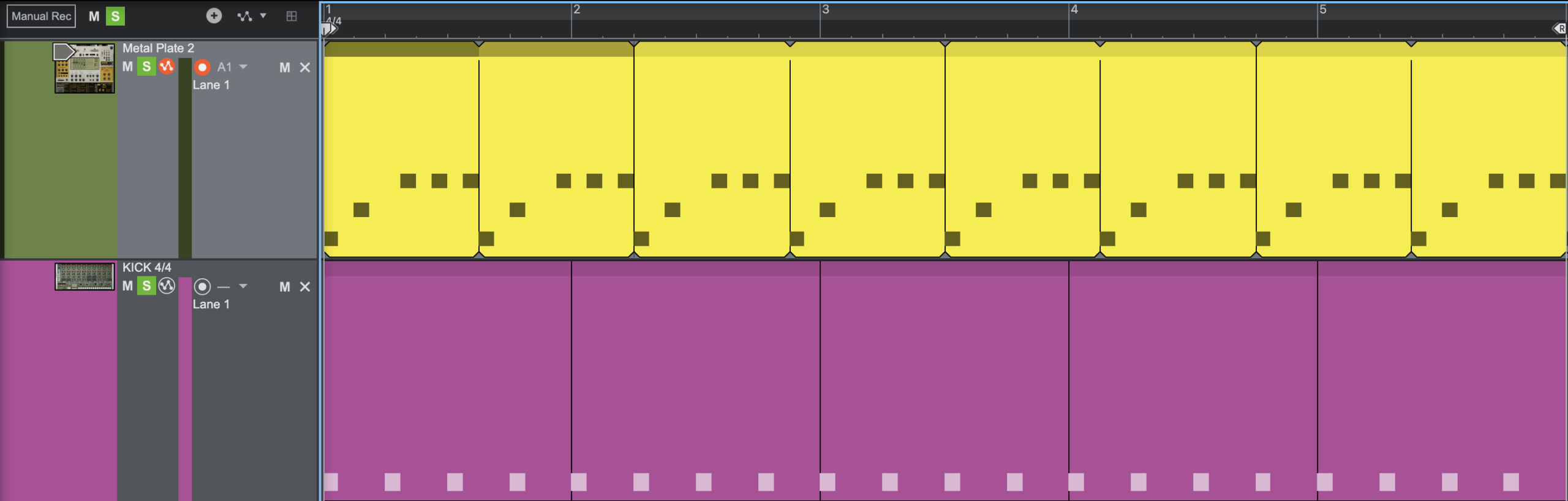 Reason sequencer showing repeating metallic percussion and steady kick MIDI patterns with contrasting loop lengths