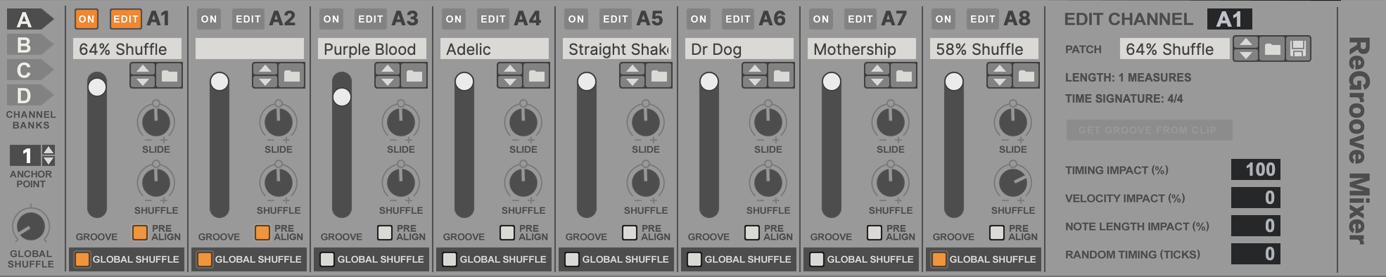 The Regroover mixer in Reason which provides swing to elements of your groove techno track.