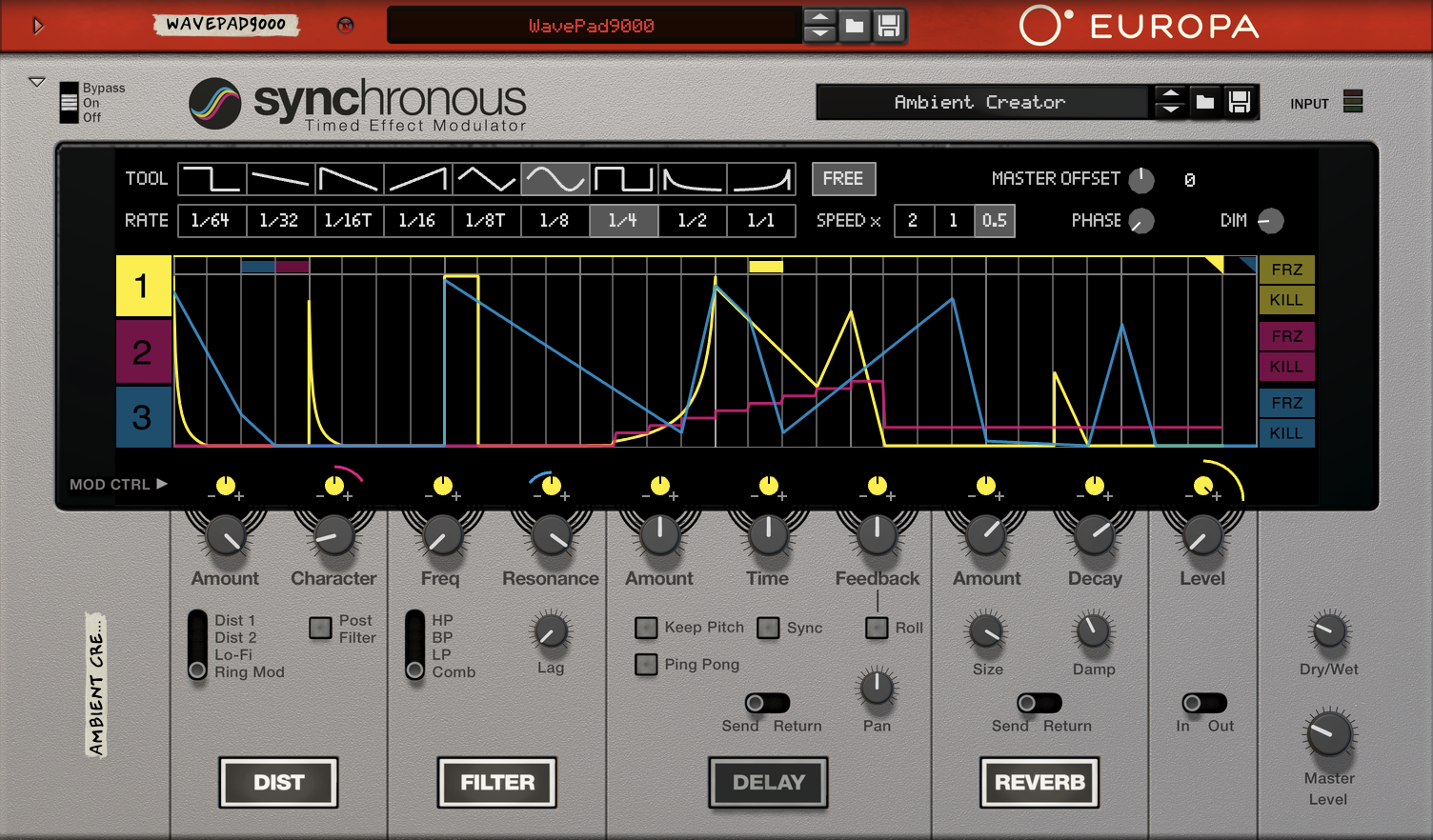 Reason's Synchronus effect modulator showing three modulation curves with a modified Ambient Creator preset, adding movement to a Europa pad for groove techno.